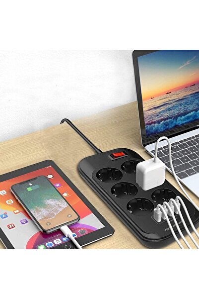 NO BRAND Prelungitor cu 4 porturi USB și 6 prize, cablu de 2m