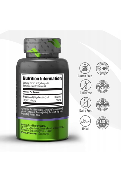 NO BRAND ORZAX Ulei din semințe de chimen negru 1000 mg, 60 capsule, presat l...