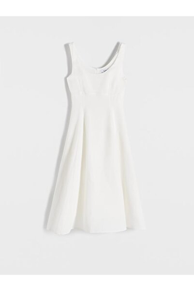 NO BRAND Rochie midi cremoasă cu bretele, din viscoză și in, culoare uni, măr...