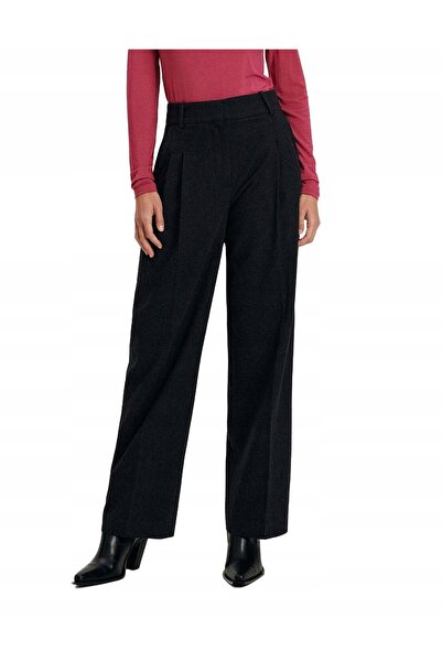 NO BRAND Pantaloni gri închis cu inserție de lână, croială dreaptă, talie îna...