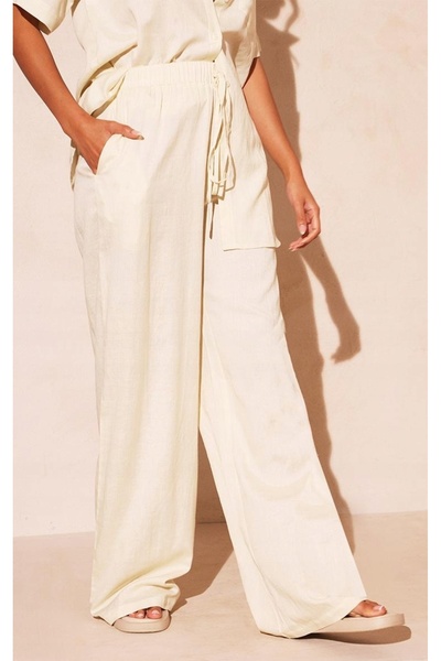 NO BRAND Pantaloni lungi ecru, largi, drepți, cu cordon în talie, Prettylittl...