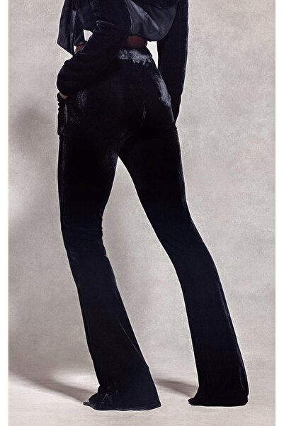 NO BRAND Pantaloni negri din catifea, evazați, netezi, Prettylittlething 32