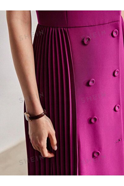 NO BRAND Rochie midi mov plisată cu guler tip crop top și nasturi Motf L