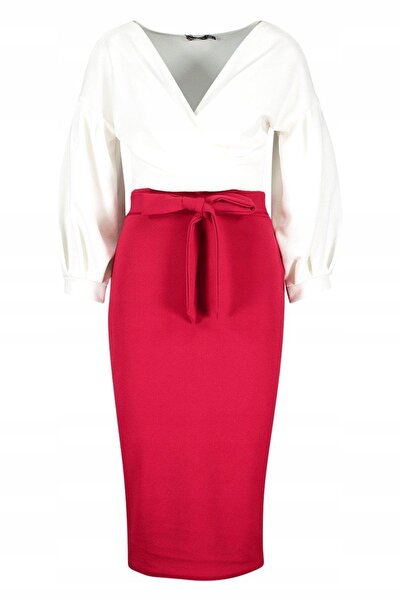 NO BRAND Boohoo Rochie Midi Clasică Tip Creion Elegantă cu Talie Legată 34