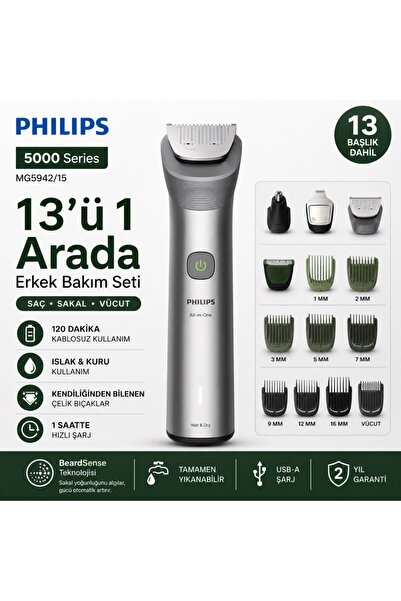 Philips 5000 Serisi 13in1,Erkek Bakım Seti,Yüz/Saç/Vücut Tıraş Makinesi,Islak...