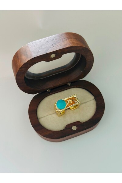 BYYEŞO Blue Topaz Detail Vintage Pattern Adjustable Ring (Steel)