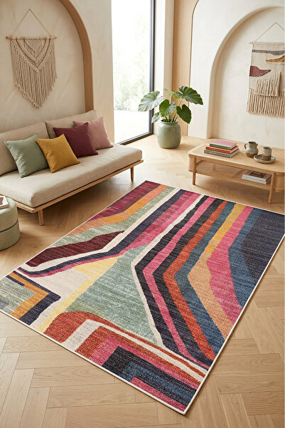 Decomia Home Vintage Etnik Renkli Kaymaz Dokuma Tabanlı Yıkanabilir Şönil Kil...