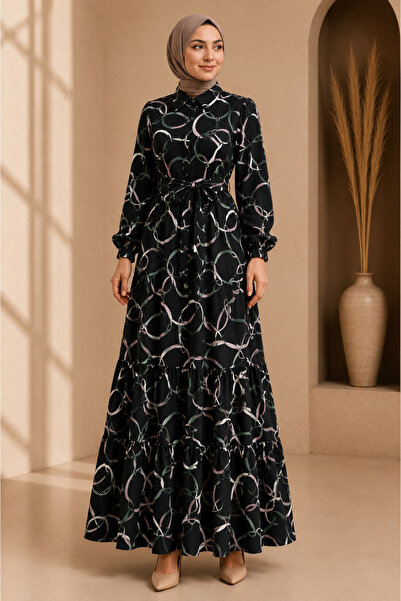 MK MODA BAŞAK Moda Başak Premium Woven Fabric Straight-Cut Dress with Dominan...