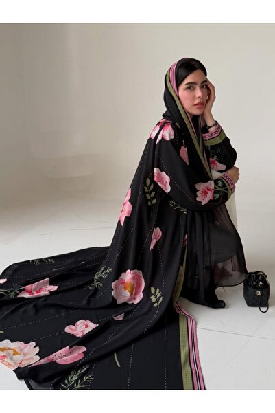 Classy She طقم عباءة طويلة من الشيفون بطبعة زهور (يشمل غطاء الرأس)