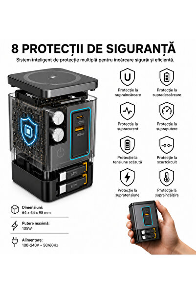 Generic Brand Statie de Incarcare Desktop 105W, GaN, Incarcare Wireless Magne...