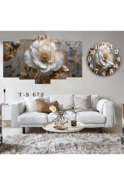BellaaaModa Çiçekli Dekoratif Desenli Mdf Tablo 5 Parça Set ve Saatli Takım, ...