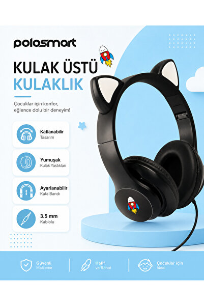 Polosmart Happy Sound Kedi Kulaklı Kablolu Kulak Üstü Kulaklık 🎧🐱