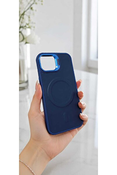 Case I PHONE 13 , I PHONE 14 Uyumlu Lacivert Deri Detaylı Standlı Kılıf