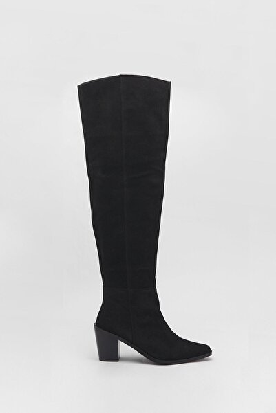 NO BRAND Kozaki negru din piele ecologică tip piele întoarsă cu toc cusut, de...