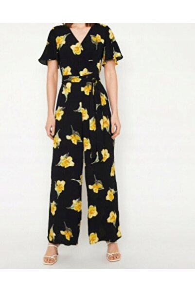 NO BRAND Salopetă neagră cu mâneci scurte, decolteu petrecut, model floral, W...