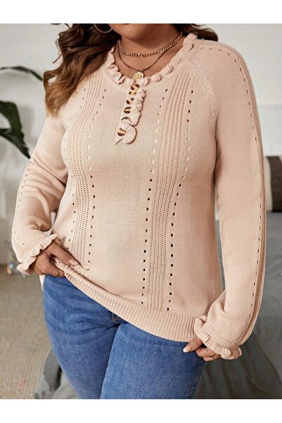 NO BRAND Pulover maro deschis cu nasturi, mâneci lungi, lejer, clasic, Shein 48
