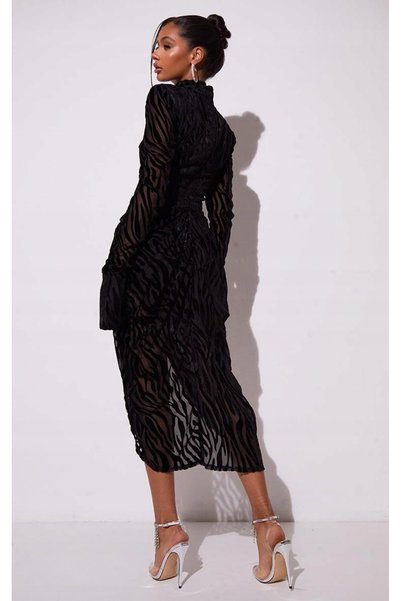 NO BRAND Rochie neagră cu mâneci lungi, guler înalt, imprimeu zebră, Prettyli...