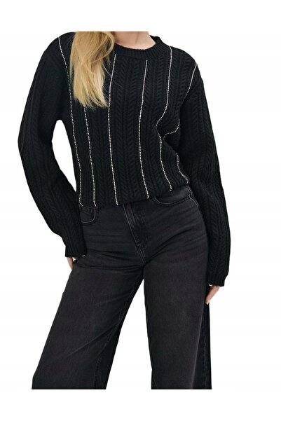 NO BRAND Pulover tricotat negru, lejer, decorat cu model Jetty, mâneci lungi,...