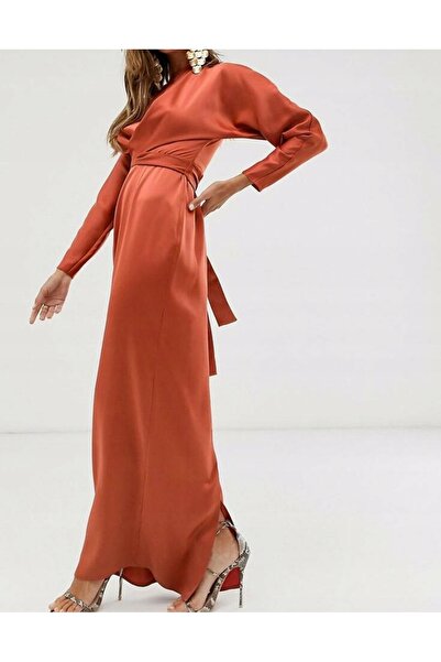 NO BRAND Rochie dreaptă clasică din satin cupru cu mânecă lungă 38