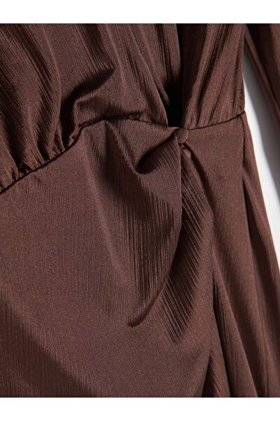 NO BRAND Rochie tip plic maro, lungime midi, cu mânecă lungă, guler, culoare ...