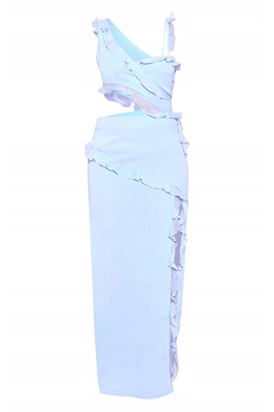 NO BRAND Rochie maxi albastru ciel cu volane și șliț asimetric Prettylittleth...