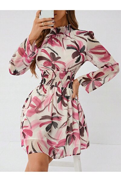 NO BRAND Rochie mini crem cu model, cu mâneci lungi evazate, Shein M