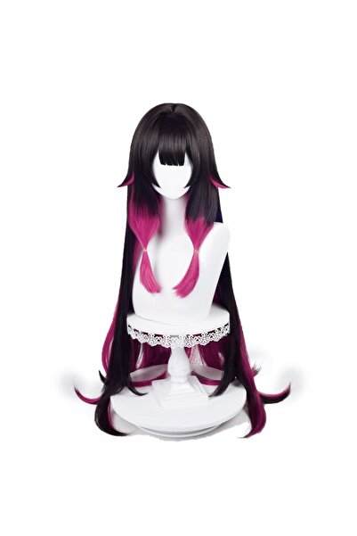 NO BRAND Perucă de damă, păr lung, negru-roz ombre, cu breton, sintetică, 102 cm