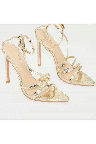 NO BRAND Sandale aurii metalice cu toc stiletto, imprimeu șarpe, Prettylittle...