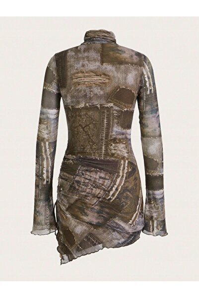 NO BRAND Rochie asimetrică cu mâneci lungi, cu model, din plasă, Shein 34