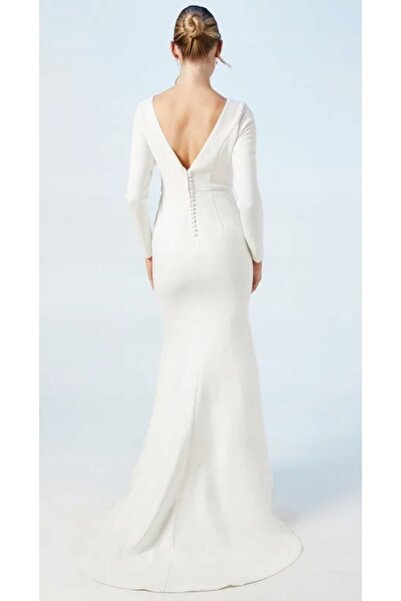 NO BRAND Rochie albă de mireasă cu mânecă lungă, spate deschis, trenă, Coast 42
