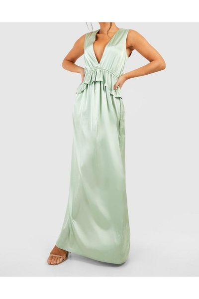NO BRAND Rochie maxi din satin verde, cu decolteu în V, șliț și volane, Booho...