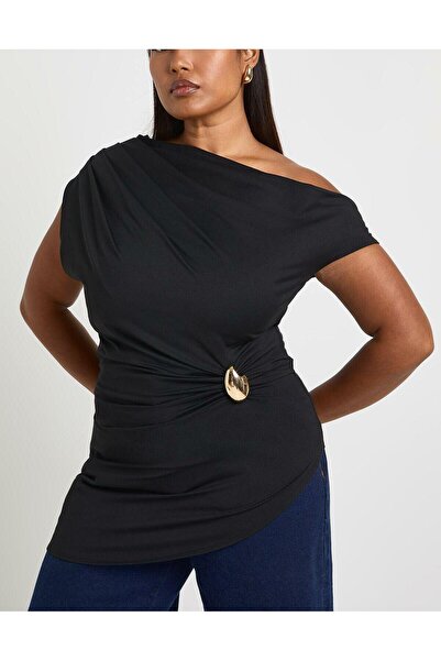 NO BRAND Boohoo Tricou Negru Clasic Neted Asimetric cu Mânecă Scurtă 46