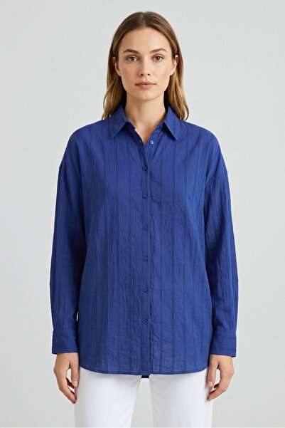 Saade Navy Blue Striped Off-Shoulder Textured Oversize Shirt
