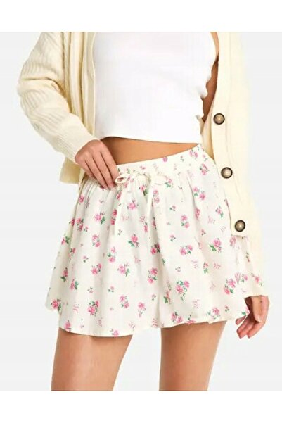 NO BRAND Fustă mini clasică, roz crem cu flori, cu defecte, Boohoo 36