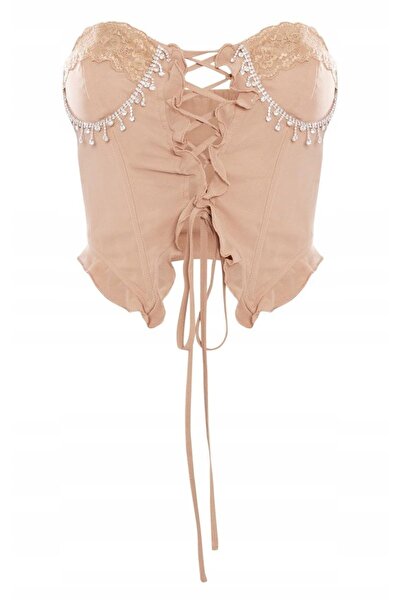 NO BRAND Top corset scurt, mulat, maro deschis, cu decorațiuni, Prettylittlet...