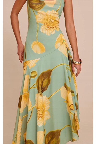 NO BRAND Rochie asimetrică verde clasică cu imprimeu floral Prettylittlething 42