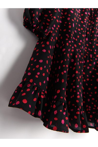 NO BRAND Rochie neagră cu volane, cu model roșu, decolteu adânc, mâneci lungi...