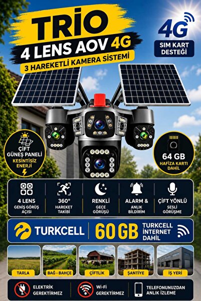TRİO TR-SGX439 4 LENS 12MP 4G SOLAR 60 GB İNTERNET+64 GB HAFIZA KARTI FULL PTZ KOLAY KURULUM
