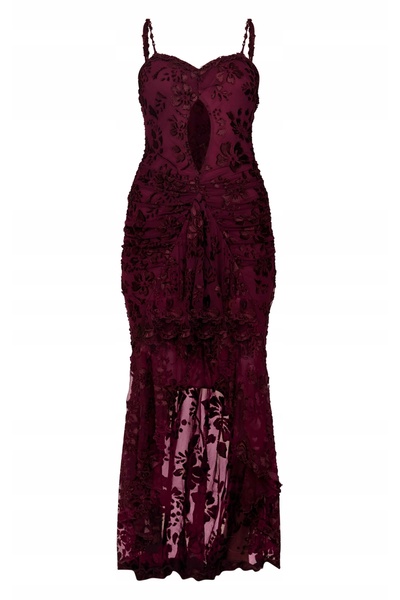 NO BRAND Rochie Maxi Asimetrică Bordeaux cu Flori Texturate Prettylittlething 42