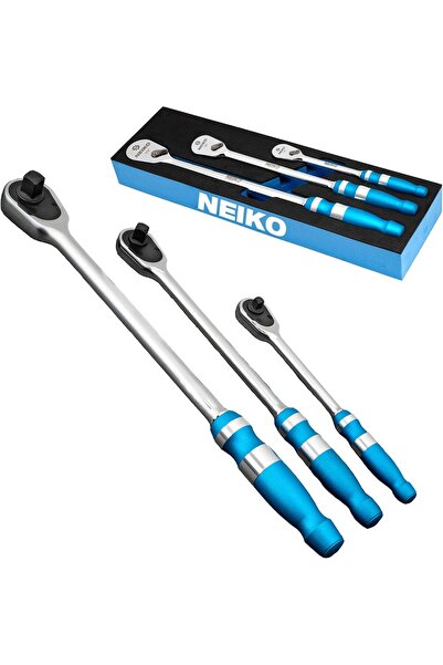 NEİKO Flat Head Ratchet Set 03006A, 3-piece, 1/4, 3/8, 1/2 inch drive, 90 tee...
