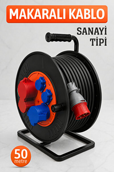Badem10 Sanayi Tipi 50 Metre Kablo Makarası 6 Çıkışlı Metal Gövdeli IP44 Endü...