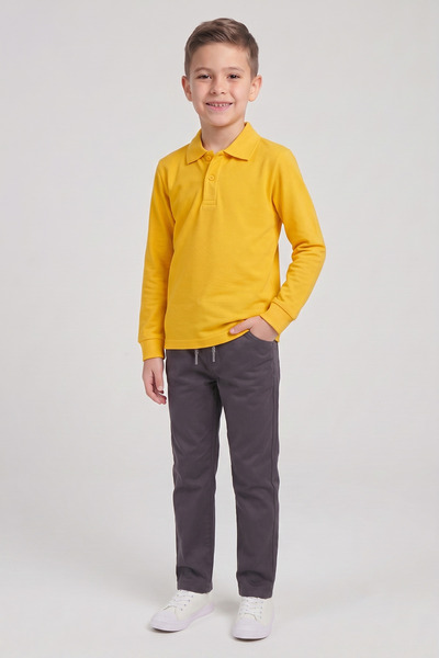 nacar çarşı Boy's Bright Yellow Long Sleeve Polo Collar T-Shirt Smoked Ribbed...