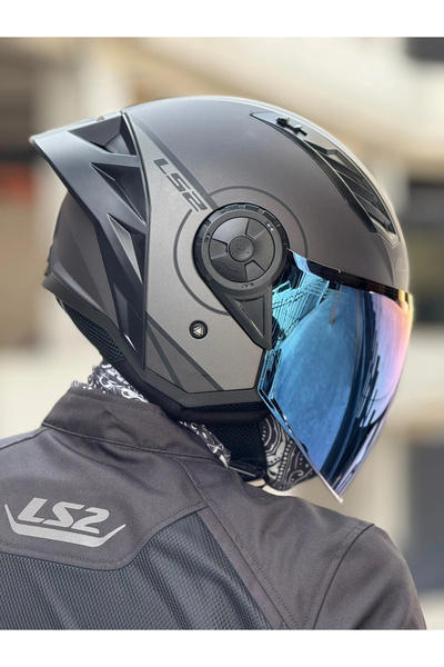 LS2 AIRFLOW 2 COVER MAT SİYAH-GRİ KASK (MAVİ VİZÖR + SPOILER)