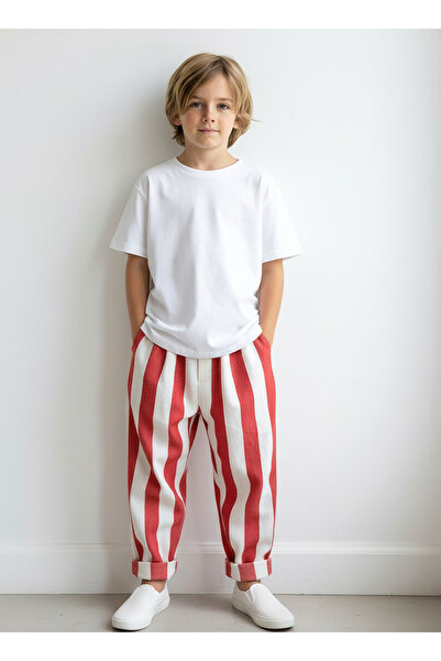 Catz Kids 100% Cotton Boys' Set Red and White Thick Striped Carrot Pants + Ec...