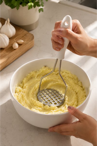KLARHAUS Ezzy Pearl Stainless Steel Potato Masher and Vegetable Masher 24.5 cm – Ergonomic Puree Apparatus with 8 cm Wide Head