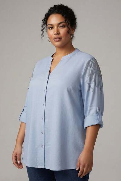 Metpoint Trend42Plus Large Size Stone Printed C-Neck Blue Shirt
