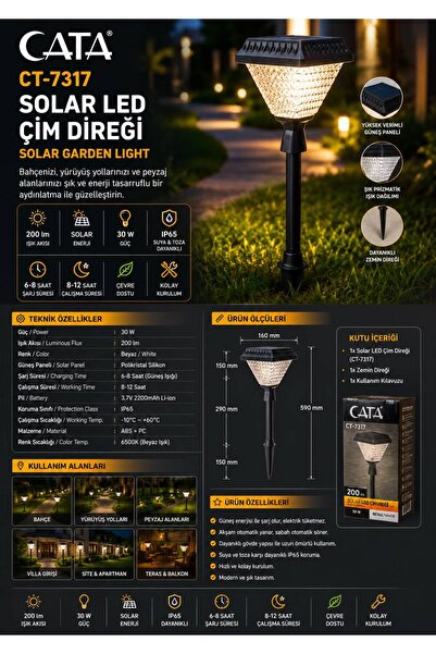 Cata CT-7317 30W SOLAR ÇİM DİREĞİ ARMATÜR BEYAZ IŞIK