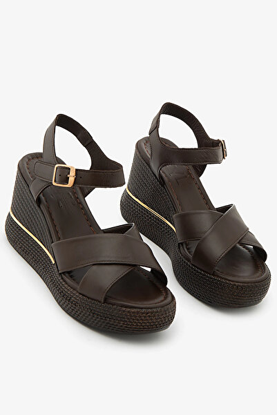 SAYL Brown Genuine Leather Wedge Heeled Cross-Strapped Women's Sandals