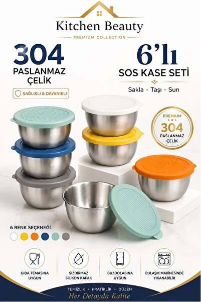 Kitchen Beauty Paslanmaz 304 Çelik 6'Lı Sosluk Silikon Kapaklı Hava Geçirmez ...