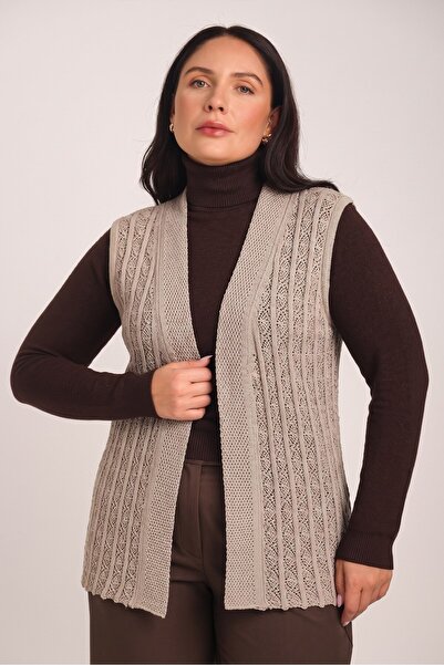 Uludağ Triko Women's Sand Knitwear Openwork Woven Seasonal Vest